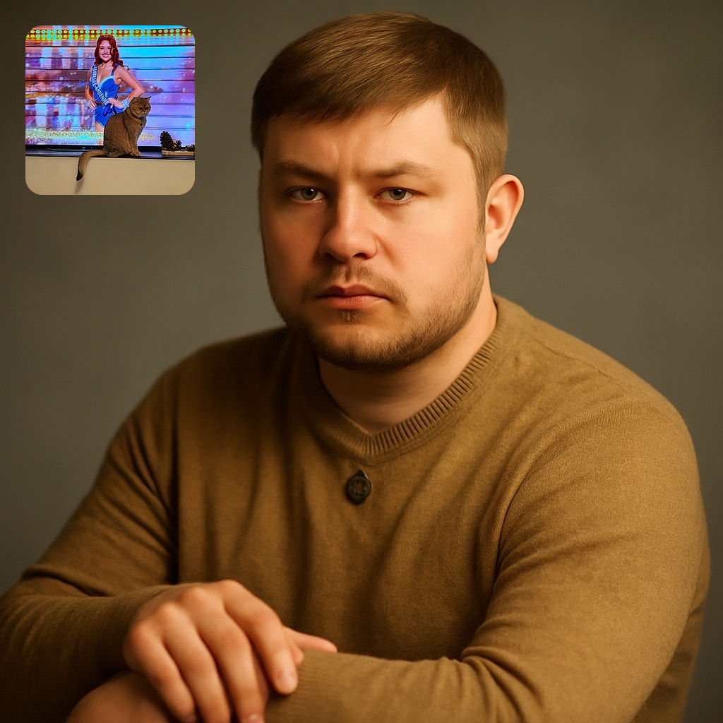 A fluffy cat sits majestically on a TV stand, perfectly positioned in front of a colorful screen showing a smiling woman in a blue outfit. The cat's serious expression contrasts humorously with the bright, glitzy background, making it look like the feline is judging the pageant or stealing the spotlight.