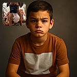 A serious-faced puppy sits on a fuzzy blanket with a backdrop of pillows featuring dog illustrations, creating a cozy and cute canine-themed corner.