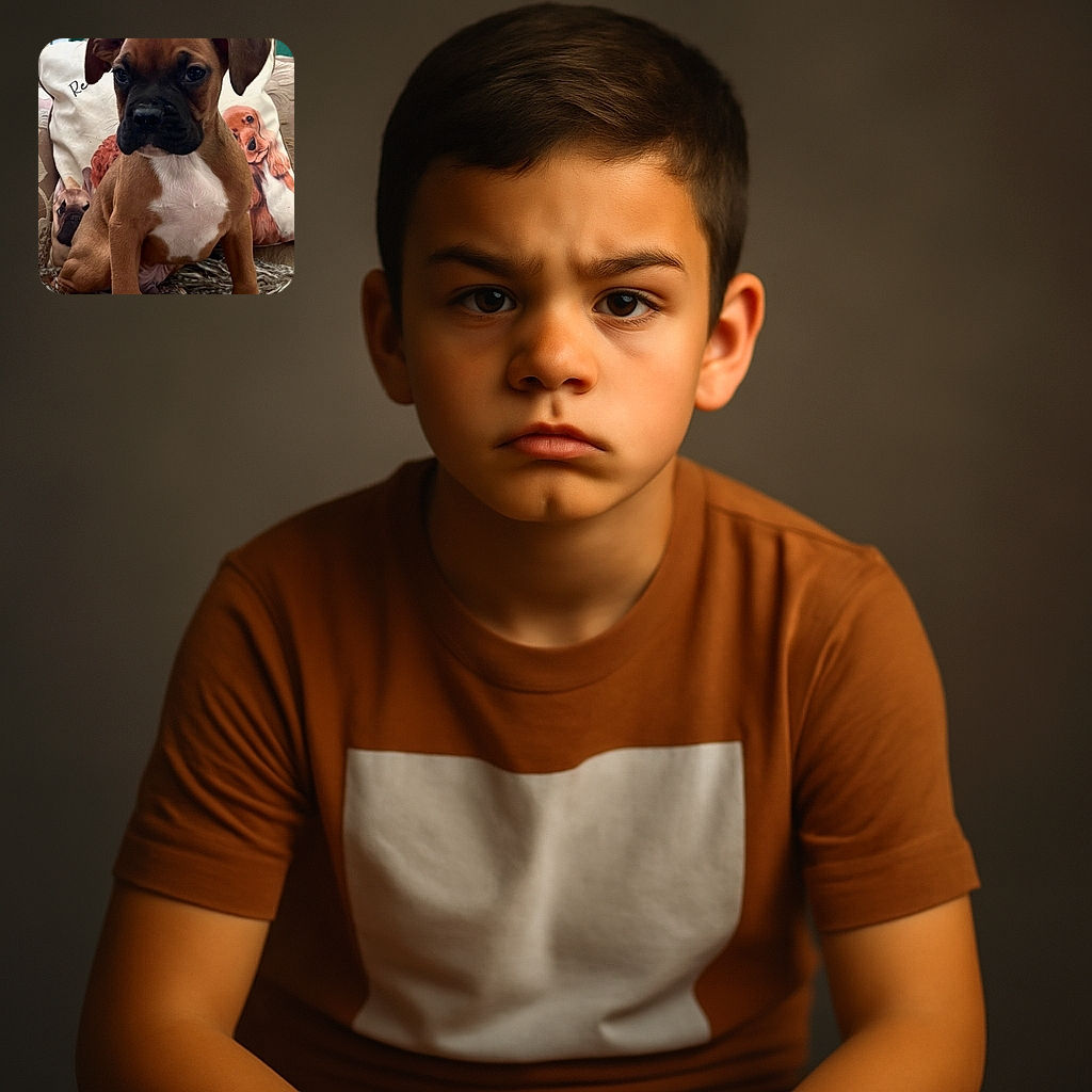 A serious-faced puppy sits on a fuzzy blanket with a backdrop of pillows featuring dog illustrations, creating a cozy and cute canine-themed corner.