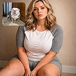 A sturdy bulldog sits on a tiled floor near a wooden cabinet and a gate, looking straight at the camera with a serious yet endearing expression, as if guarding the kitchen kingdom.