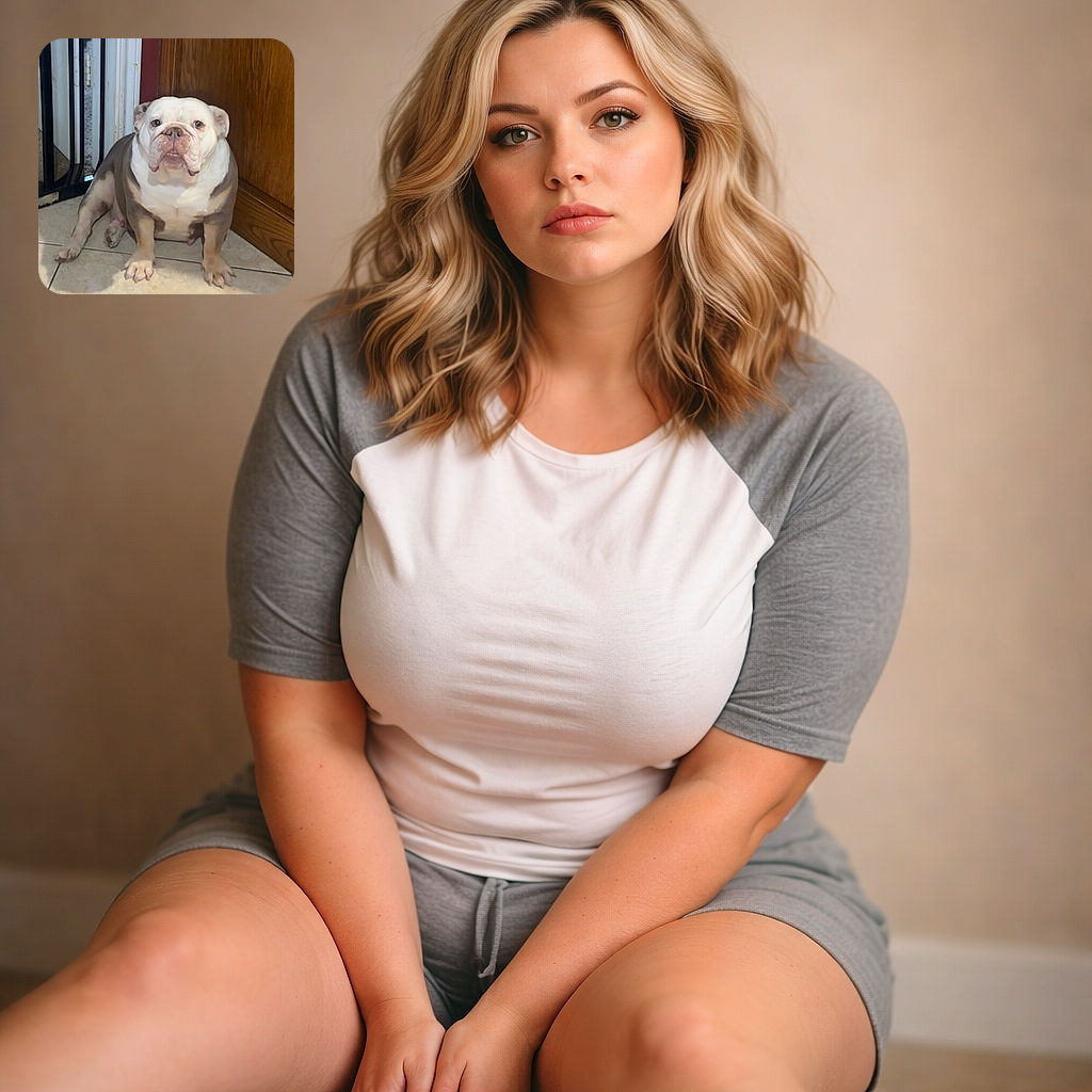 A sturdy bulldog sits on a tiled floor near a wooden cabinet and a gate, looking straight at the camera with a serious yet endearing expression, as if guarding the kitchen kingdom.