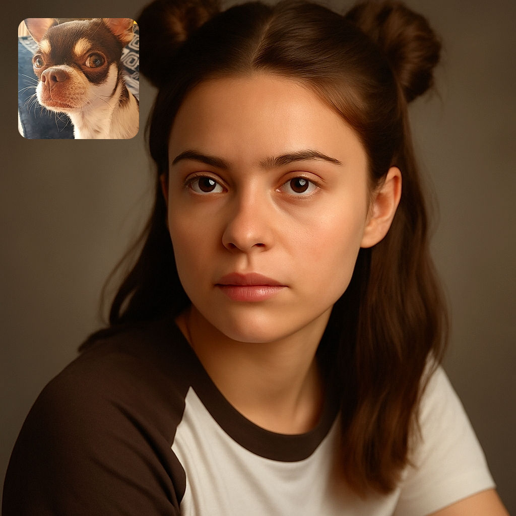 A close-up, detailed shot of a curious little dog with big eyes and perky ears, capturing all the adorable whiskers and textures of its fur. The background is softly blurred, making the pup the star of the photo.