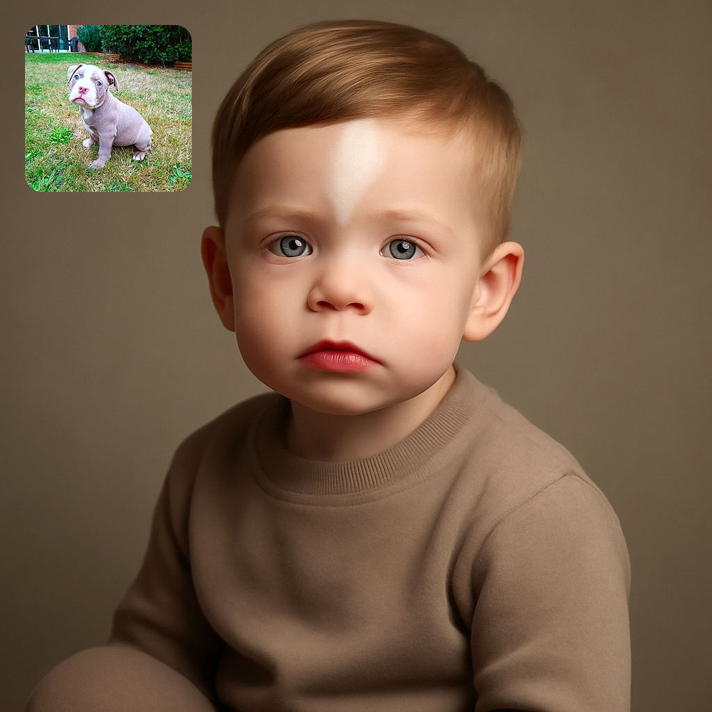 A charming puppy with soulful blue eyes sits attentively on a patchy lawn in a backyard, surrounded by greenery and a brick house backdrop, looking like it's ready for a cuddle or a playful adventure.
