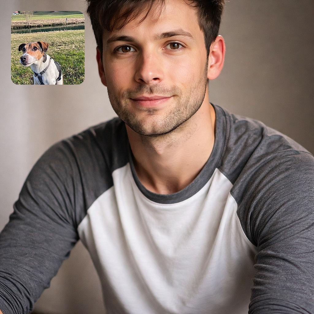 A curious and attentive dog with a brown, black, and white coat sits on a grassy field near a calm river, with a scenic countryside backdrop featuring trees and houses in the distance under soft daylight.