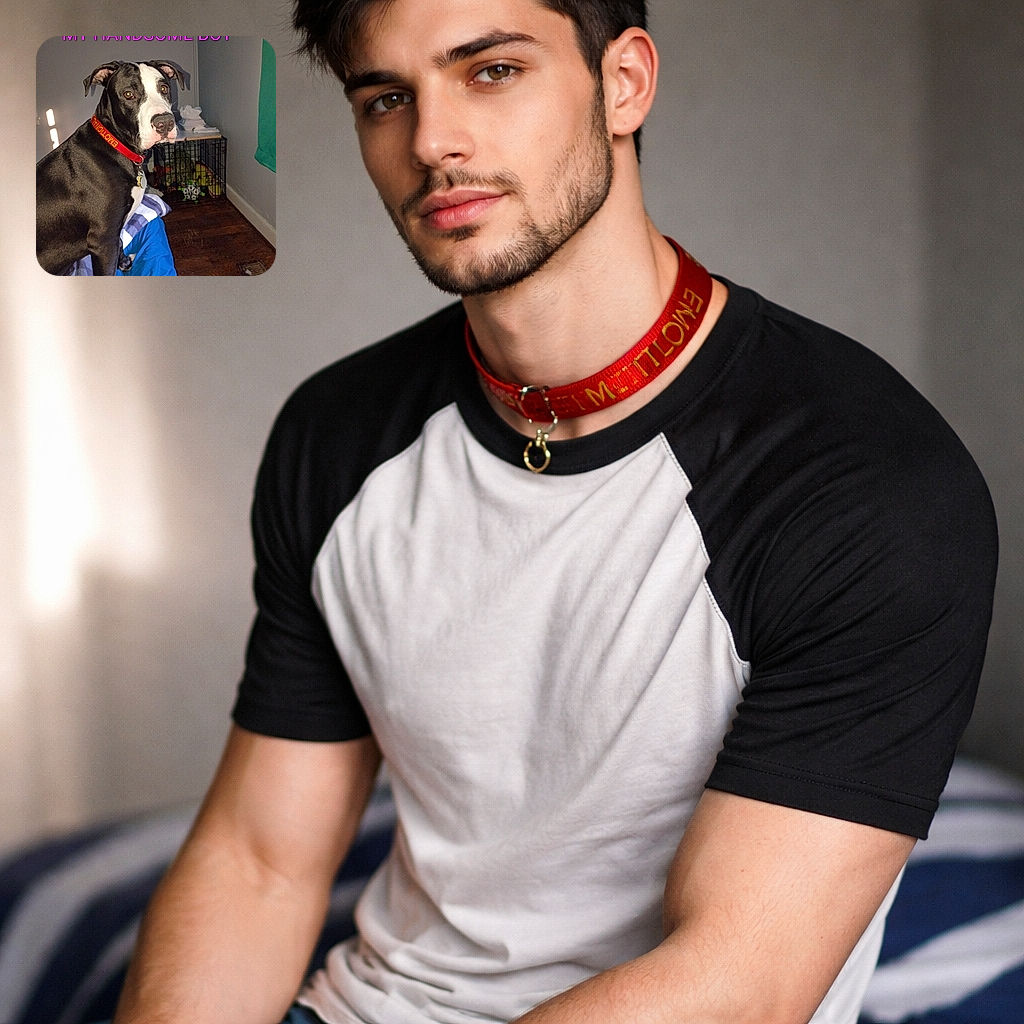 A handsome black and white dog with a red collar poses on a bed covered with a blue and white blanket. The background shows a dog crate filled with toys and tissues on top. Bright pink text above the dog reads 'MY HANDSOME BOY,' adding a playful and affectionate touch to the cozy indoor scene.