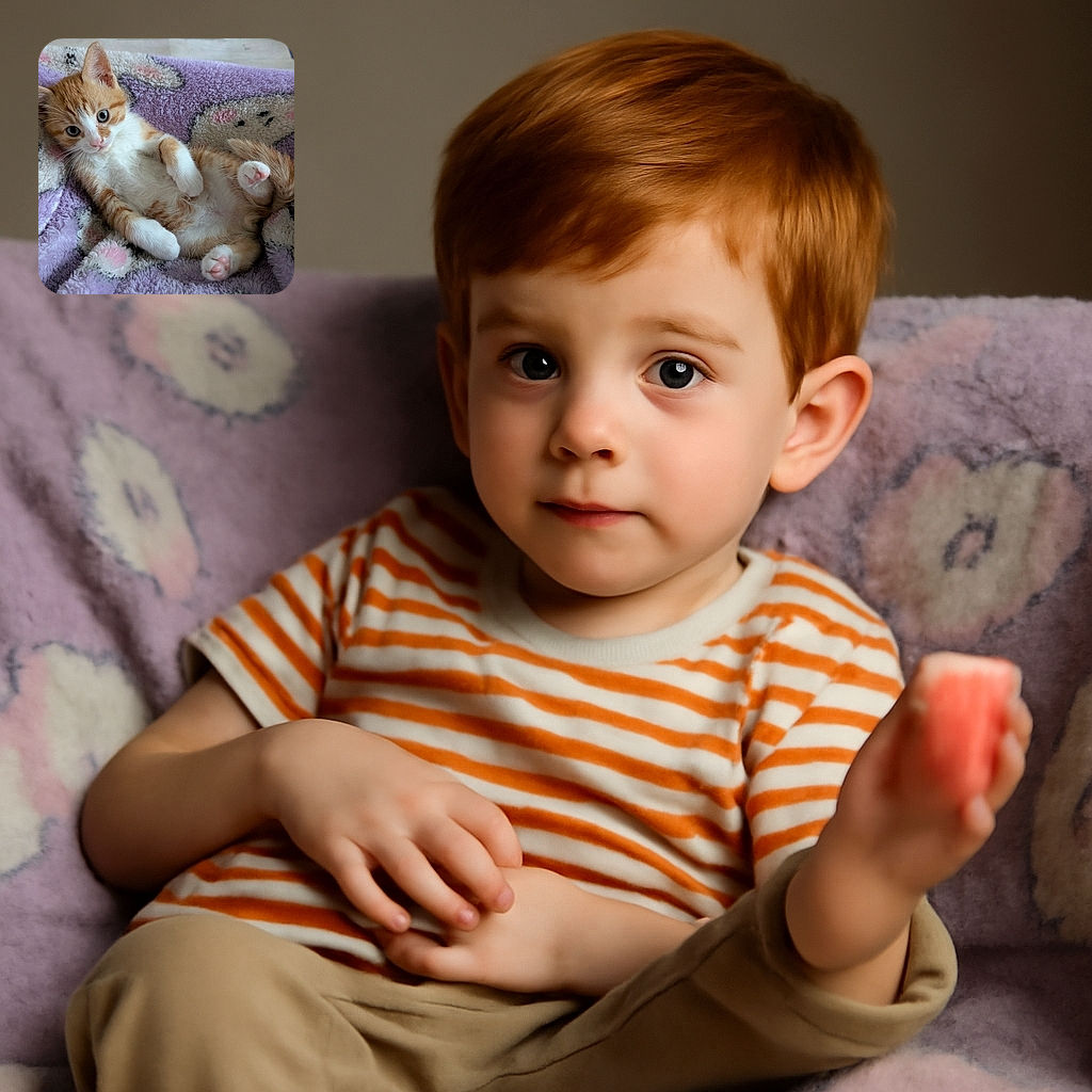 An adorable orange and white kitten lies on its back on a fluffy purple blanket with sheep patterns, looking curiously at the camera with big blue eyes and tiny pink paws showing.