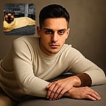 A regal Siamese cat stretches luxuriously across a dark quilted surface, its creamy fur and dark points sharply contrasting with the muted, blurred grayscale background, as if it owns the spotlight in a monochrome world.