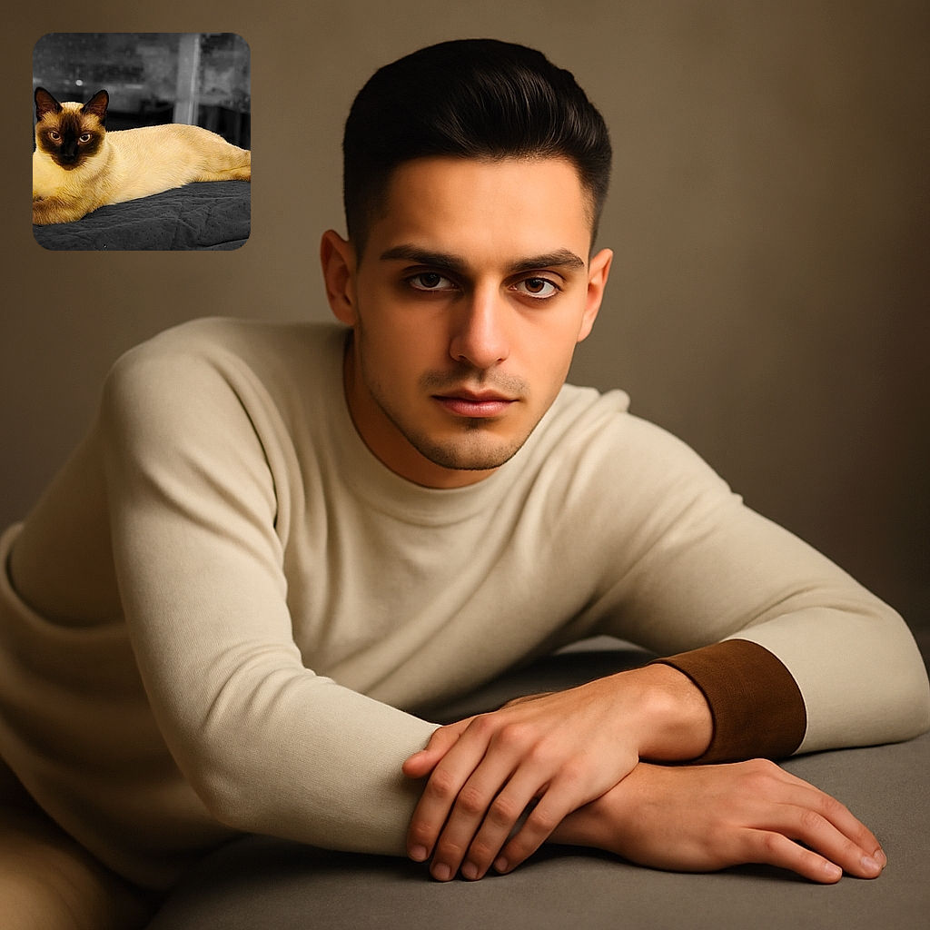 A regal Siamese cat stretches luxuriously across a dark quilted surface, its creamy fur and dark points sharply contrasting with the muted, blurred grayscale background, as if it owns the spotlight in a monochrome world.