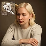 A serene white dog lies calmly on a patch of dry, earthy ground, looking thoughtfully to the side with one ear perked up and the other flopped down, blending natural canine charm with a peaceful outdoor vibe.