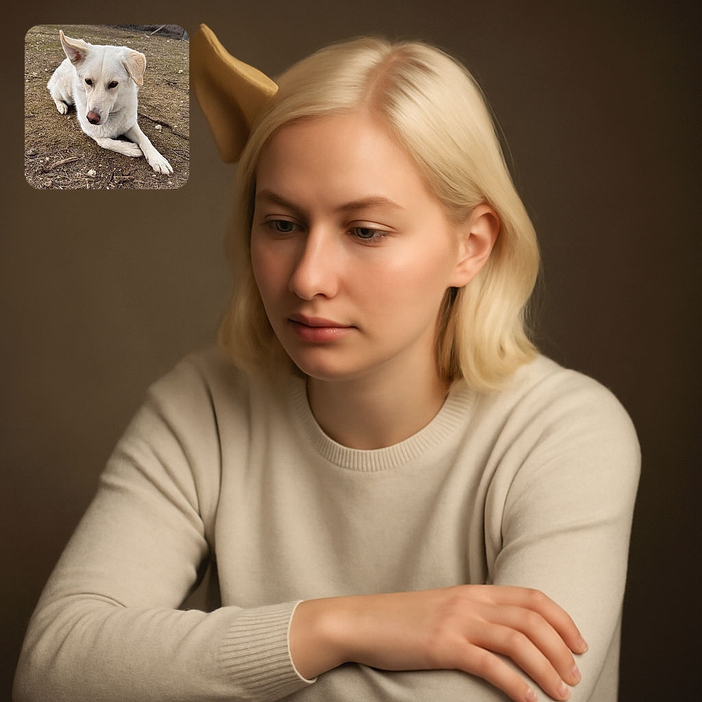 A serene white dog lies calmly on a patch of dry, earthy ground, looking thoughtfully to the side with one ear perked up and the other flopped down, blending natural canine charm with a peaceful outdoor vibe.