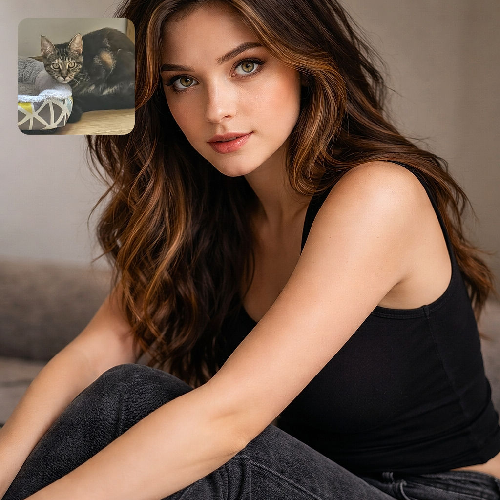 A curious tabby cat with striking eyes peeks out from beside a cozy patterned pet bed, resting on a wooden floor with a neutral background, looking ready to pounce or nap.