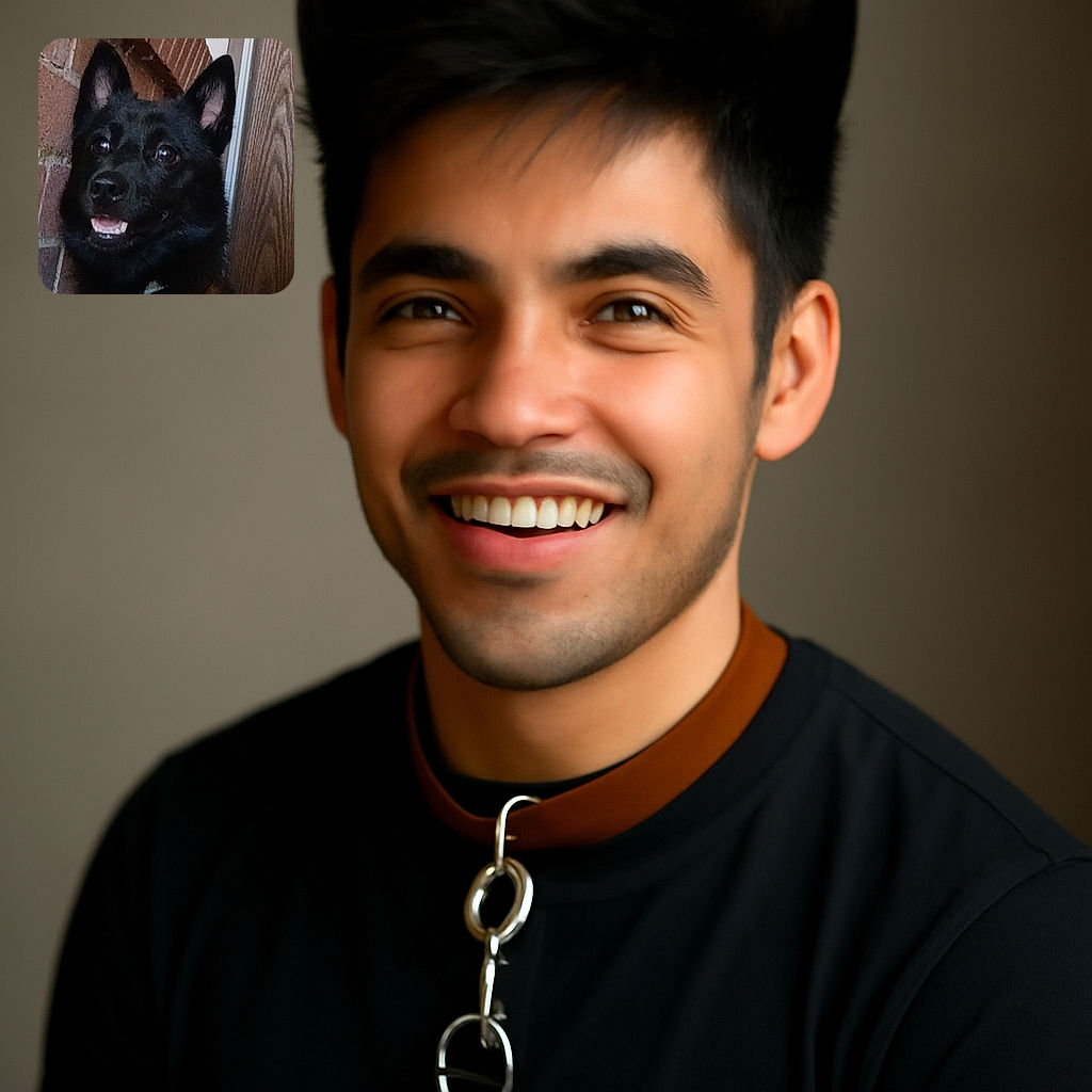 A happy black dog with bright eyes and perky ears is sitting against a brick wall near a wooden door, looking alert and ready for adventure with a leash clipped to its collar.