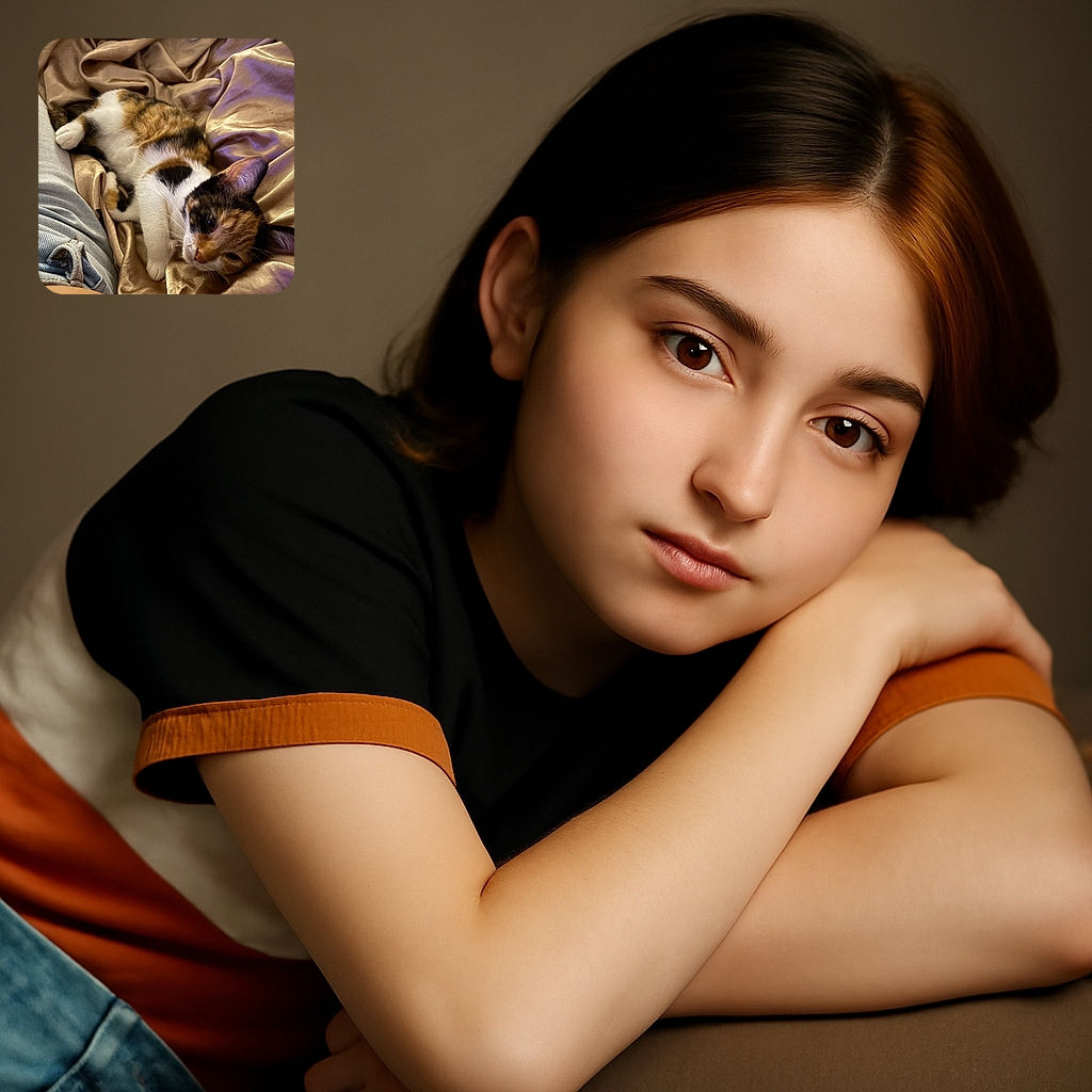 A cozy calico kitten lounges lazily on a shiny, silky gold fabric, looking relaxed and slightly sleepy next to a person wearing denim shorts. The soft textures and warm colors create a comforting and intimate atmosphere.
