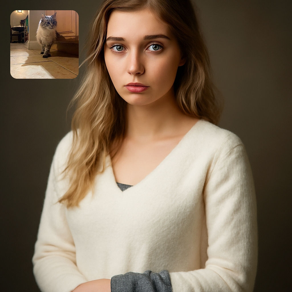 A fluffy cat cautiously prowls across a tiled kitchen floor, its curious eyes wide as it explores the cozy, warmly lit room filled with wooden cabinets and soft shadows.