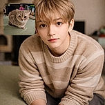 A fluffy tabby cat with big round eyes sits attentively on a green surface, surrounded by a cozy indoor setting filled with shelves and household items, looking like it's ready to judge your snack choices.