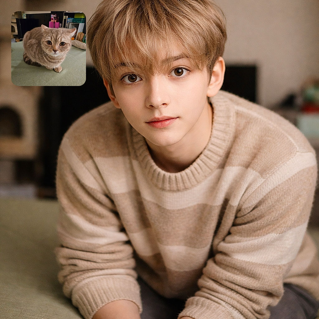 A fluffy tabby cat with big round eyes sits attentively on a green surface, surrounded by a cozy indoor setting filled with shelves and household items, looking like it's ready to judge your snack choices.