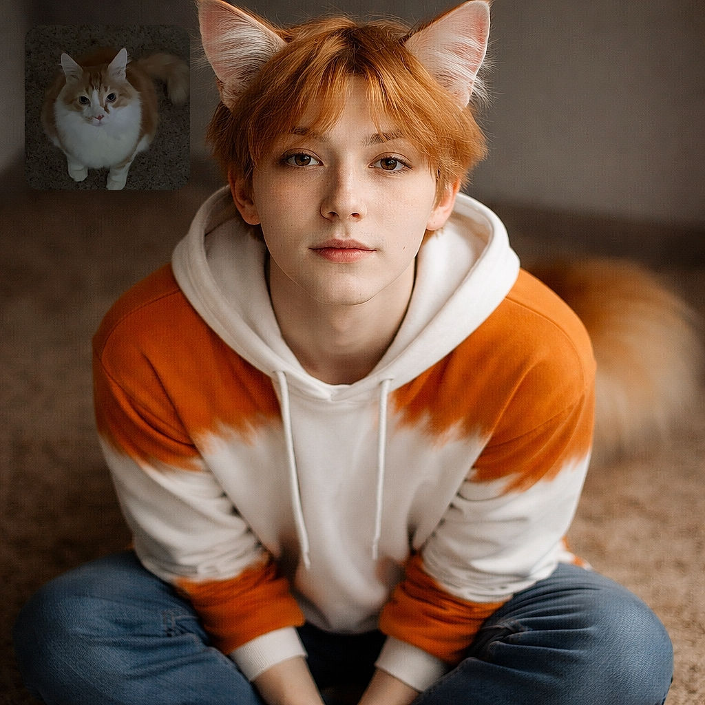 A fluffy orange and white cat with a curious gaze sits on a textured carpet, looking up as if expecting a treat or a friendly pat, captured in soft, dim lighting.