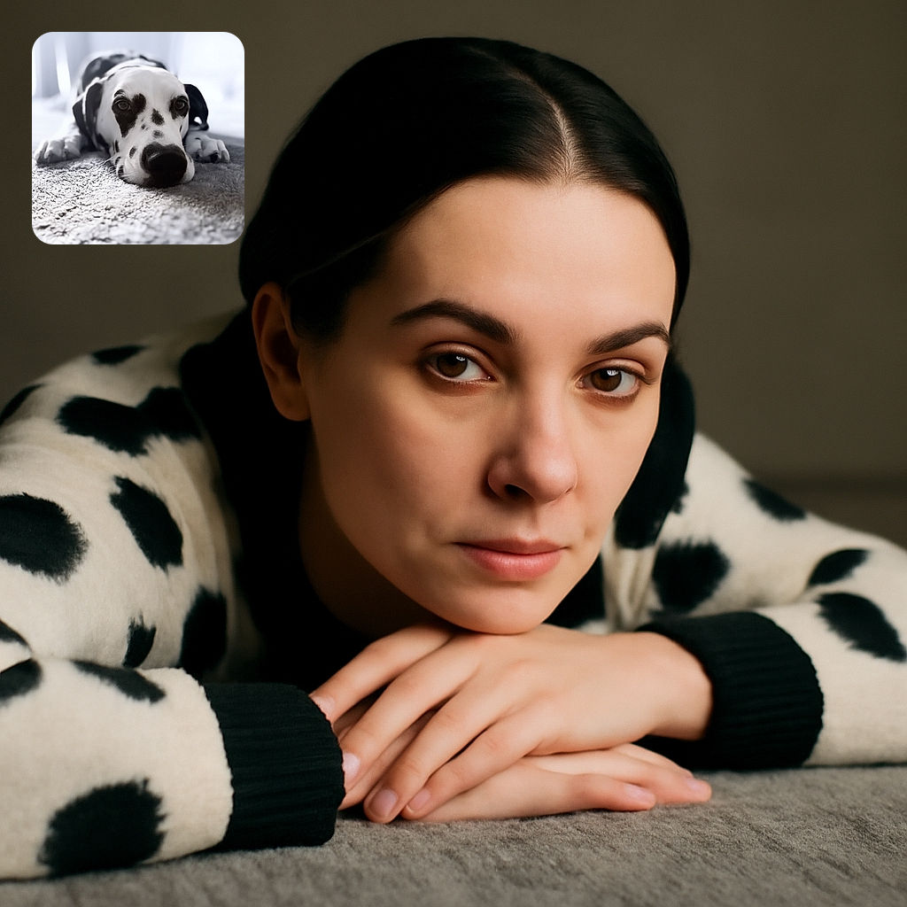 A close-up black and white photo of a Dalmatian dog lying on a textured carpet, looking directly at the camera with soulful eyes, creating a calm and intimate atmosphere.