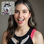 A happy Siberian Husky with striking blue eyes and a pink and black harness sits proudly on a sandy beach with striped beach huts in the background, tongue out and ready for adventure.