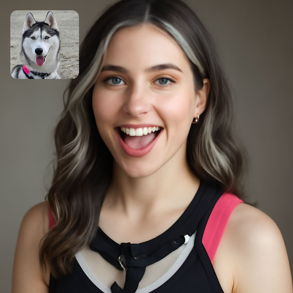 A happy Siberian Husky with striking blue eyes and a pink and black harness sits proudly on a sandy beach with striped beach huts in the background, tongue out and ready for adventure.