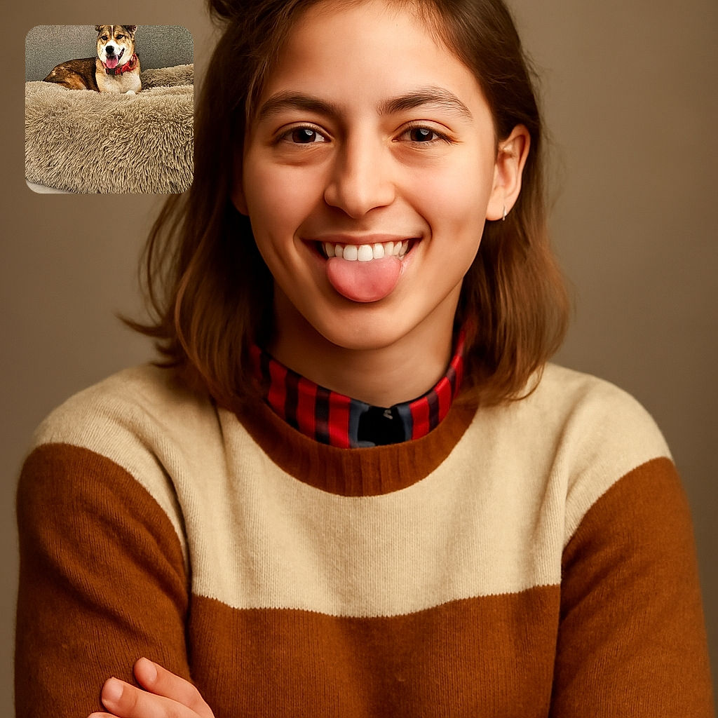A happy dog with a red collar lounges comfortably on a fluffy beige dog bed, set against a neutral-toned couch and tiled floor, looking like the king of cozy.