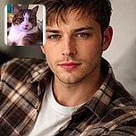 A close-up photo of a tabby cat with white fur on its chest, looking directly at the camera with an almost serious expression. The background is blurred with hints of colorful objects, and the image has a soft focus effect giving it a cozy, intimate feel.