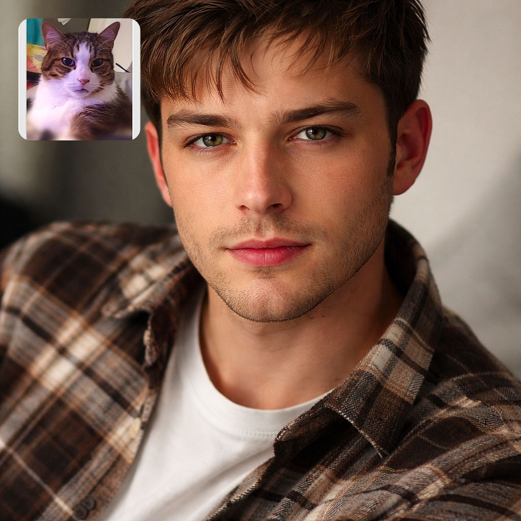 A close-up photo of a tabby cat with white fur on its chest, looking directly at the camera with an almost serious expression. The background is blurred with hints of colorful objects, and the image has a soft focus effect giving it a cozy, intimate feel.