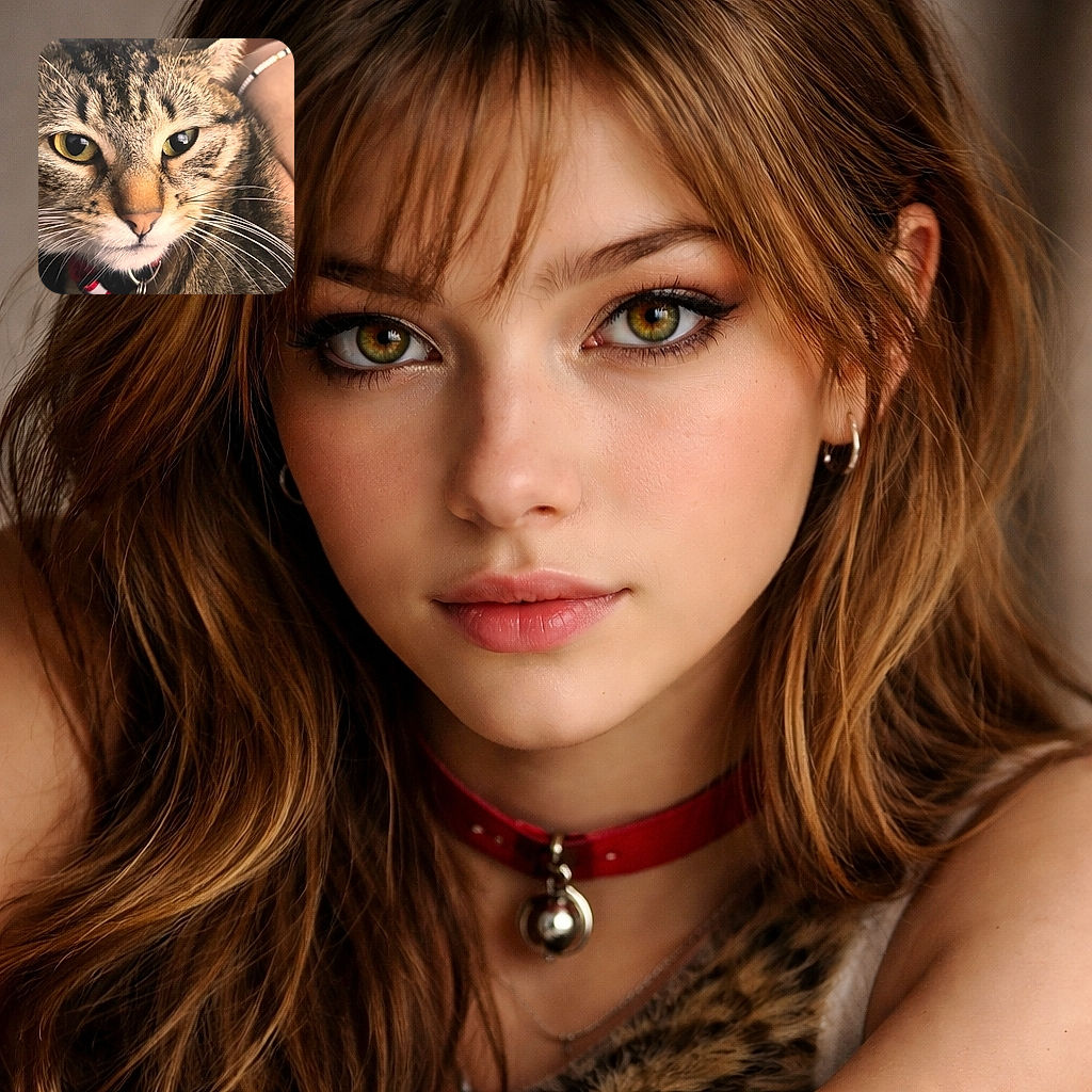 A dramatic close-up of a tabby plotting world domination one whisker at a time — those golden eyes could sell catnip, and the tiny bell on the collar is clearly an evil laugh track.