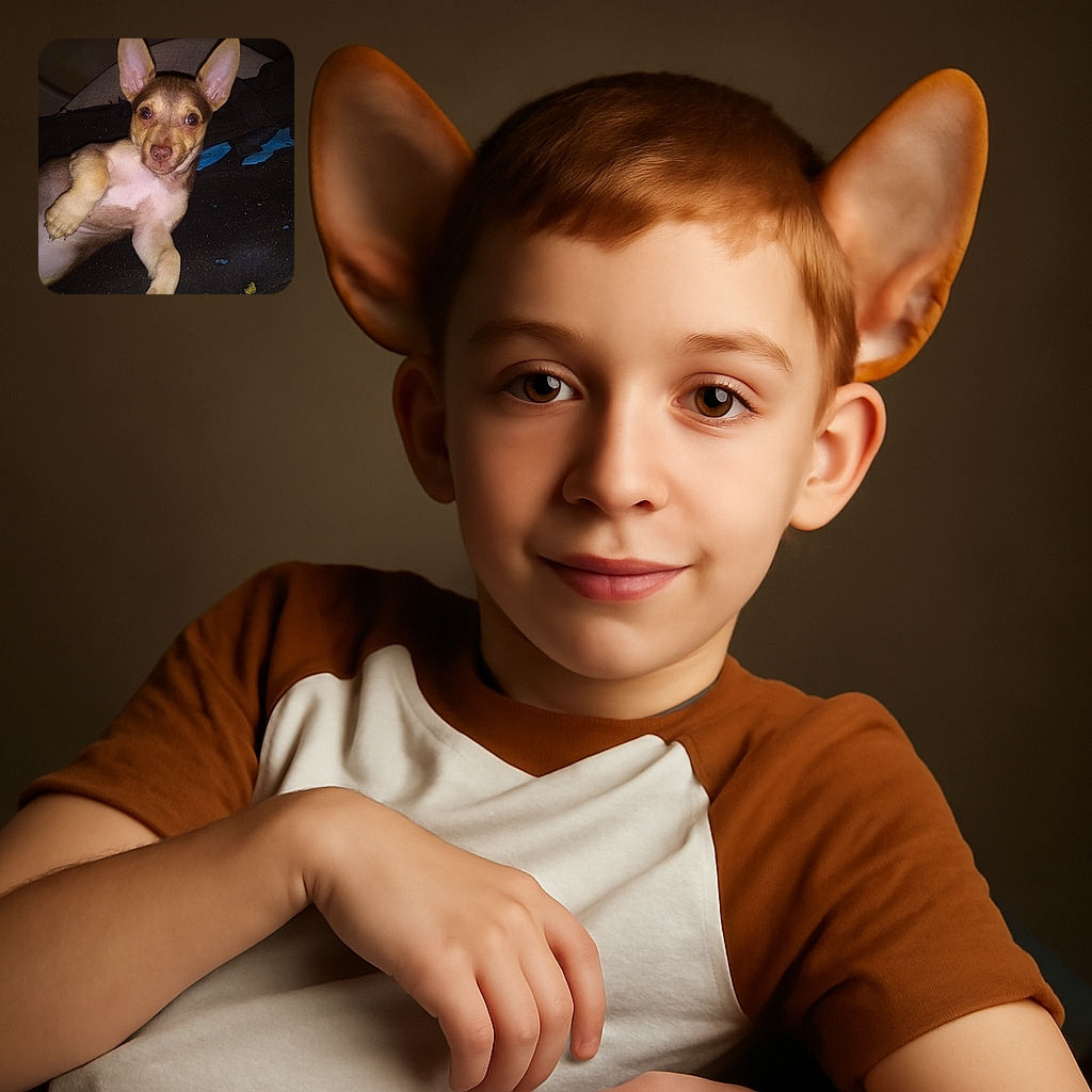 A cute little puppy lounges comfortably on a dark fabric surface, looking directly at the camera with big, curious eyes and oversized ears that make it look extra adorable.