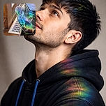 A curious black dog with a blue collar looks upwards as a vibrant rainbow pattern dances across its face, creating a magical and colorful moment indoors with a wooden floor and vent in the background. The phone lock screen overlays the image with time, date, and weather info.