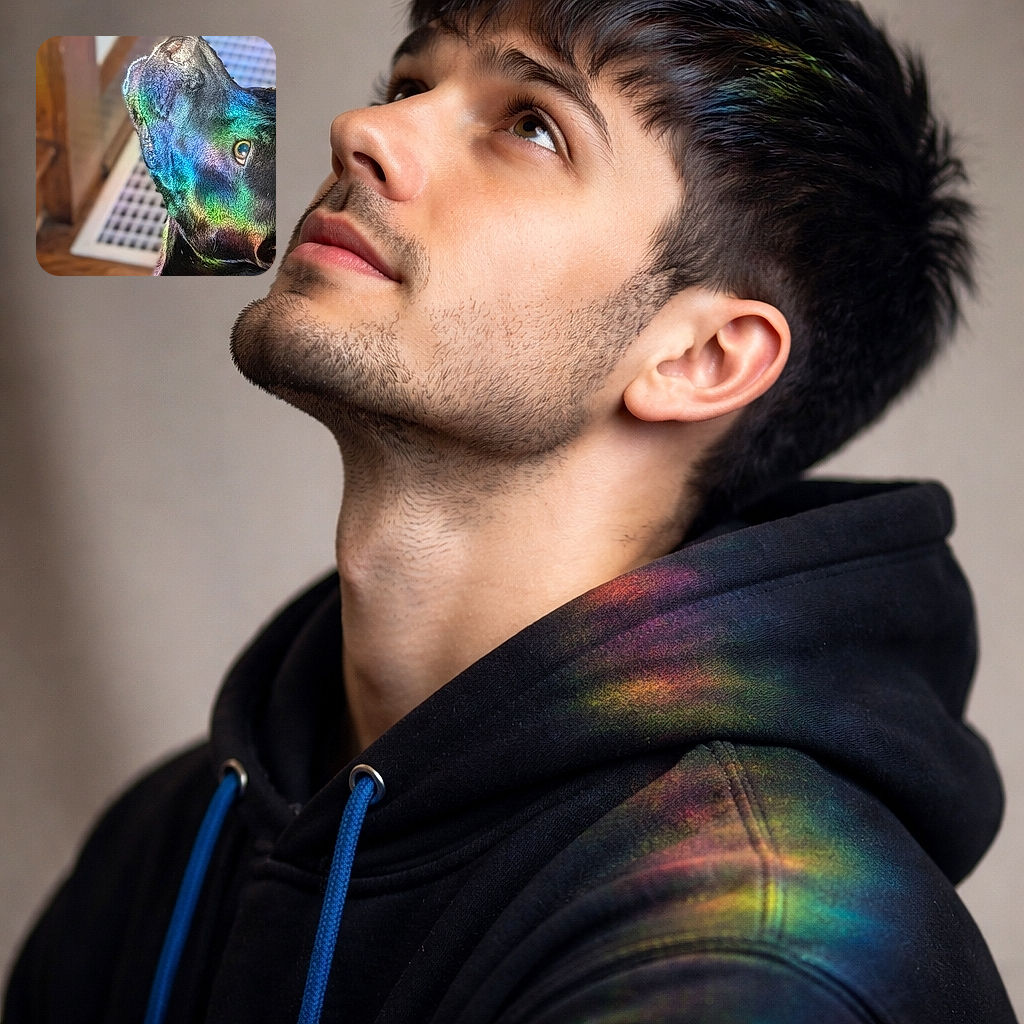 A curious black dog with a blue collar looks upwards as a vibrant rainbow pattern dances across its face, creating a magical and colorful moment indoors with a wooden floor and vent in the background. The phone lock screen overlays the image with time, date, and weather info.