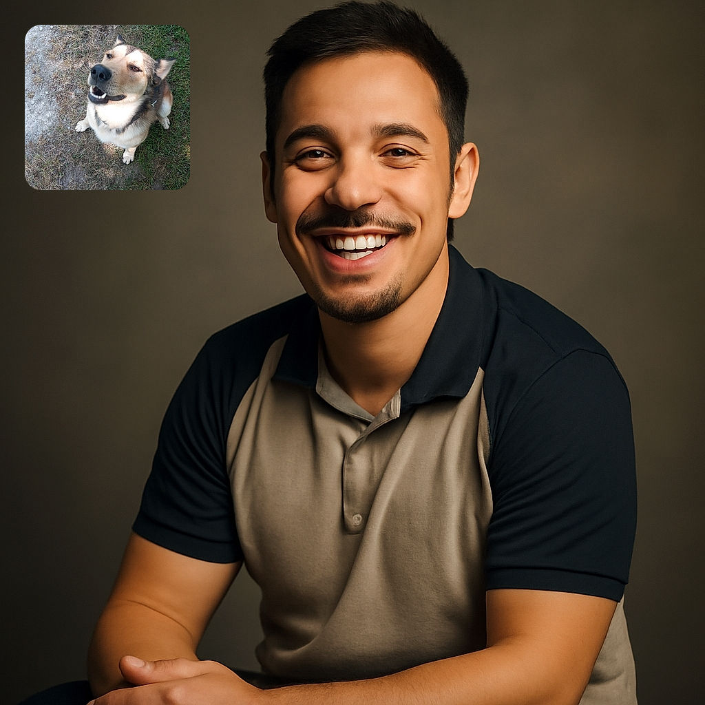 A happy dog looks up with a goofy grin, sitting on a patchy grassy area next to a dirt path, while the photographer's feet peek into the frame, making it feel like a candid moment between pals.