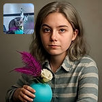 A fluffy gray cat curiously sniffs or nuzzles a vibrant turquoise vase filled with delicate white and purple flowers, sitting on a sleek outdoor table with a softly blurred background.
