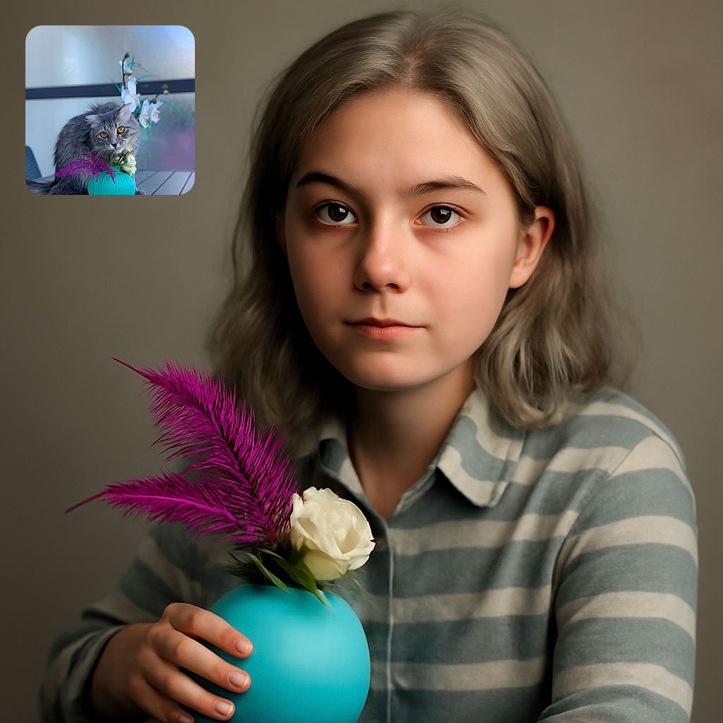 A fluffy gray cat curiously sniffs or nuzzles a vibrant turquoise vase filled with delicate white and purple flowers, sitting on a sleek outdoor table with a softly blurred background.