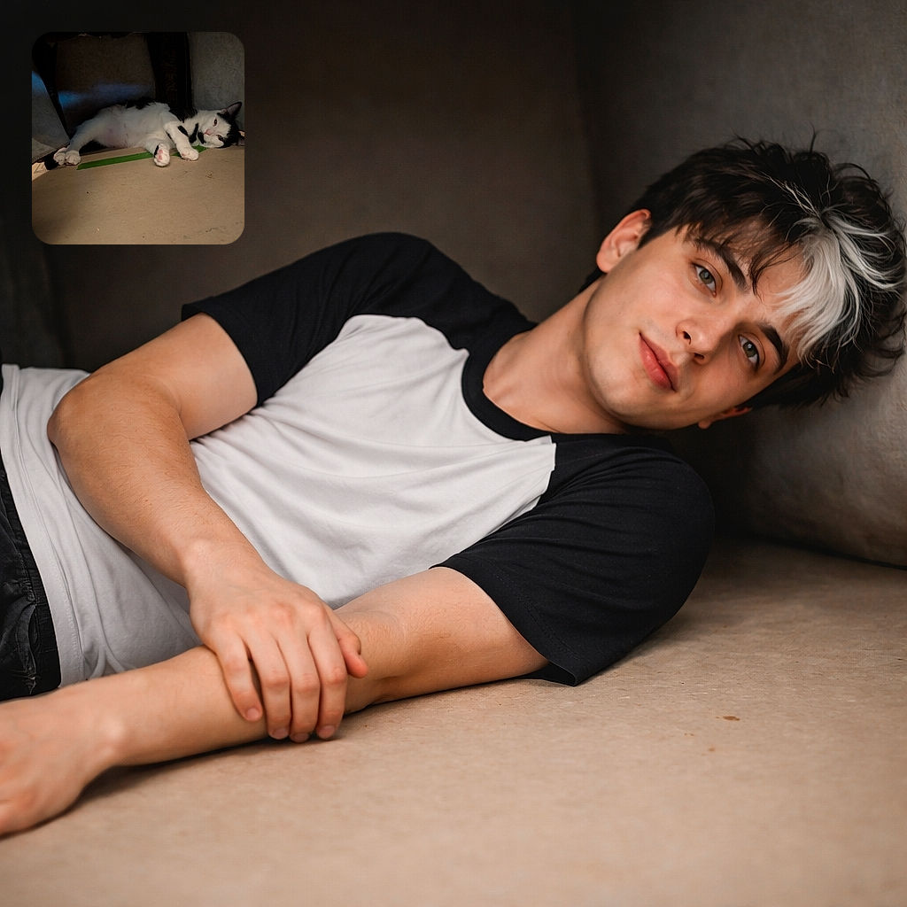 A black-and-white cat sprawled on cardboard like it owns the place, pink paw pads on proud display and a strip of green tape serving as its royal carpet — low, moody lighting makes it look like a tiny, sleepy monarch in a cardboard palace.