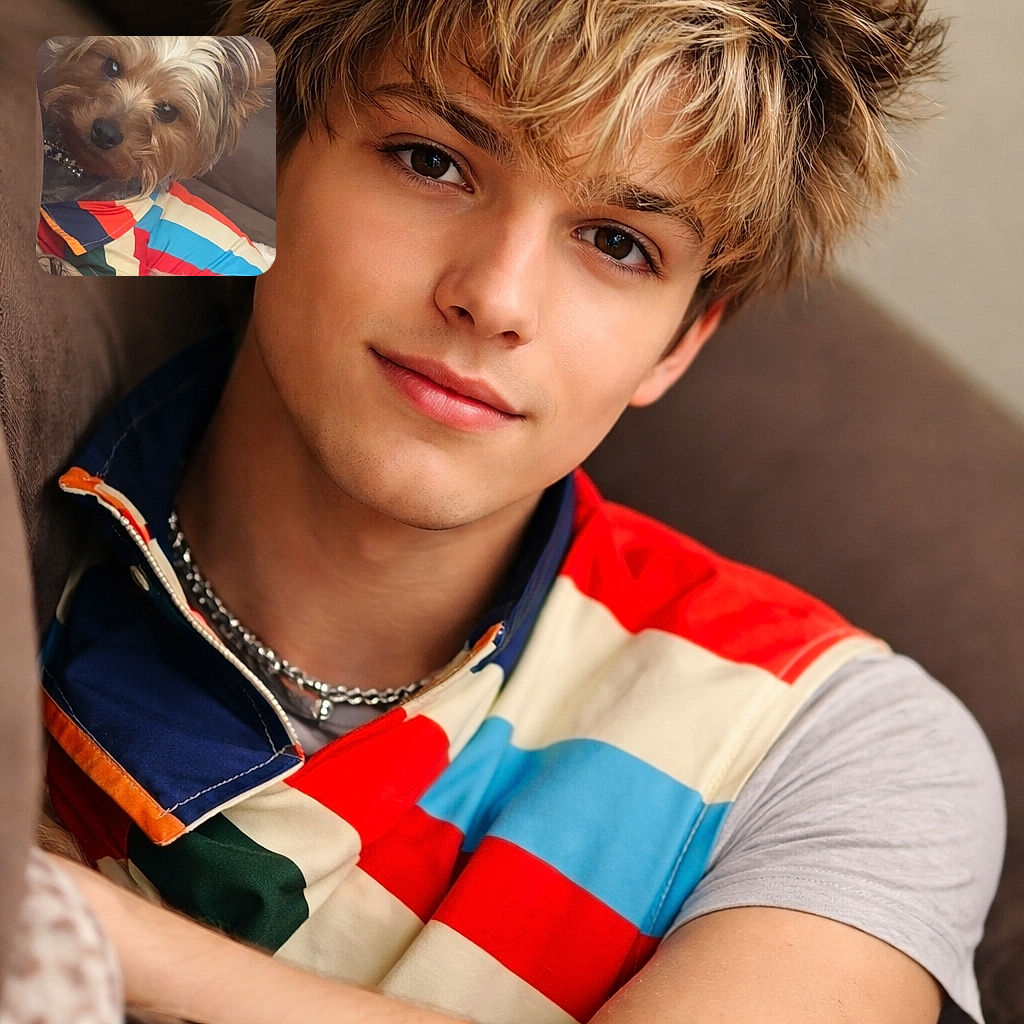 A charming small dog sporting a colorful striped shirt lounges comfortably on a couch, giving the camera a curious and slightly tilted head look, as if ready for its close-up or a treat.