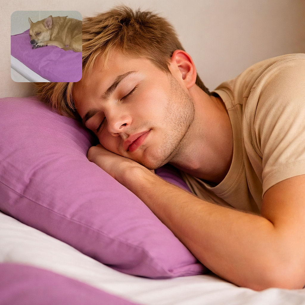 A tiny dog (looks like a chihuahua) has claimed the purple pillow as prime real estate and is in full nap mode — nose tucked, ears slightly drooped, and the whole scene screams "do not disturb, professional sleeper." The shot is cozy and a bit soft-focus, making the pup look extra cuddly against the plain wall and vivid bedding.