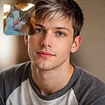A close-up photo of a curious cat with striking green eyes and a pink nose, bathed in warm natural light with a softly blurred wooden floor background, capturing the feline's inquisitive expression and delicate whiskers.