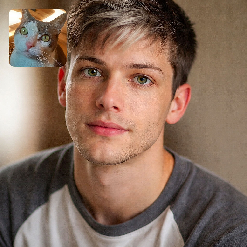 A close-up photo of a curious cat with striking green eyes and a pink nose, bathed in warm natural light with a softly blurred wooden floor background, capturing the feline's inquisitive expression and delicate whiskers.