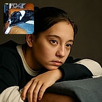 A black and white dog is lounging on a tan leather couch, looking off to the side with a relaxed but slightly pensive expression. The background shows a cozy indoor setting with a patterned blanket and some boxes, giving a casual, lived-in vibe.