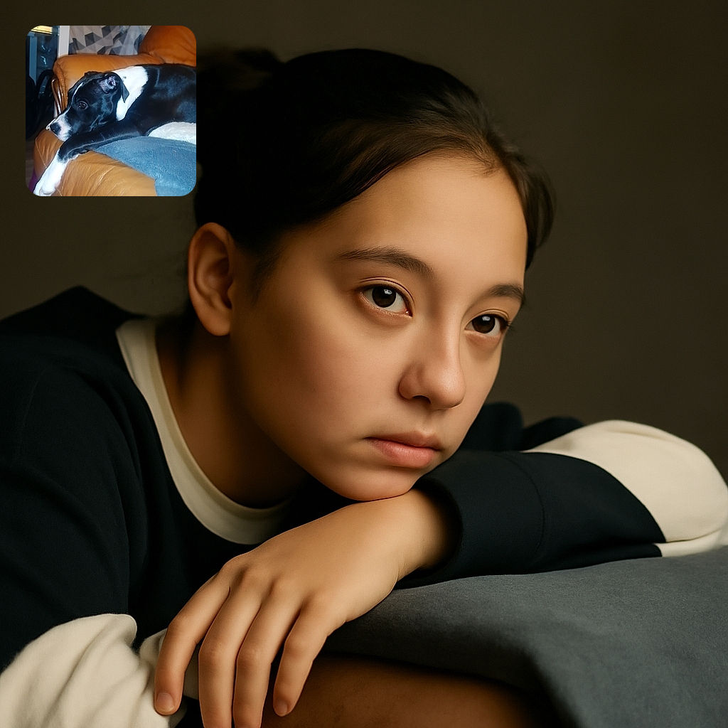 A black and white dog is lounging on a tan leather couch, looking off to the side with a relaxed but slightly pensive expression. The background shows a cozy indoor setting with a patterned blanket and some boxes, giving a casual, lived-in vibe.