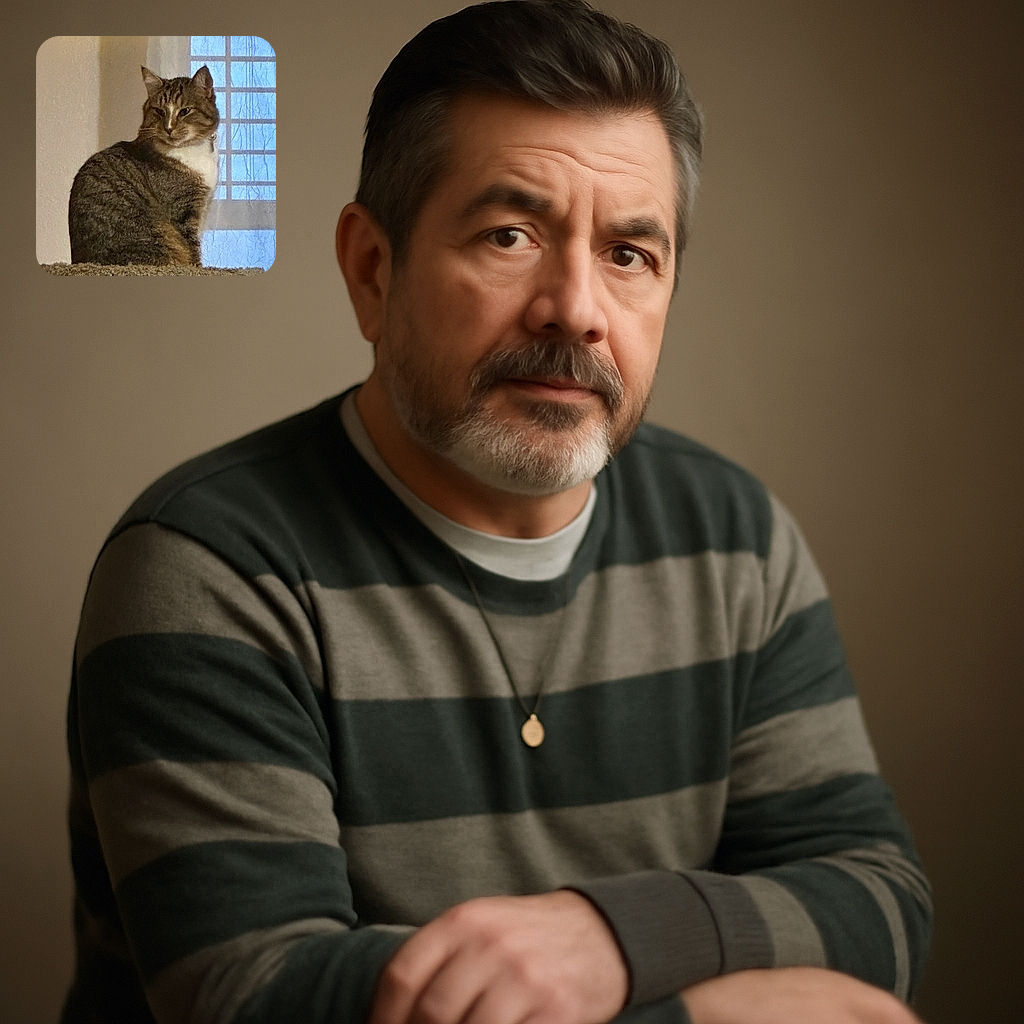A tabby cat with a white chest sits perched on a carpeted platform, gazing off to the side with a slightly smug expression. The background features a window with a grid pattern and a sheer curtain, allowing soft blue light to filter through, creating a cozy indoor scene.