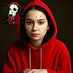 A charming Dalmatian puppy dressed in a bright red hoodie, looking curiously at the camera with big, soulful eyes against a dark, blurred background.