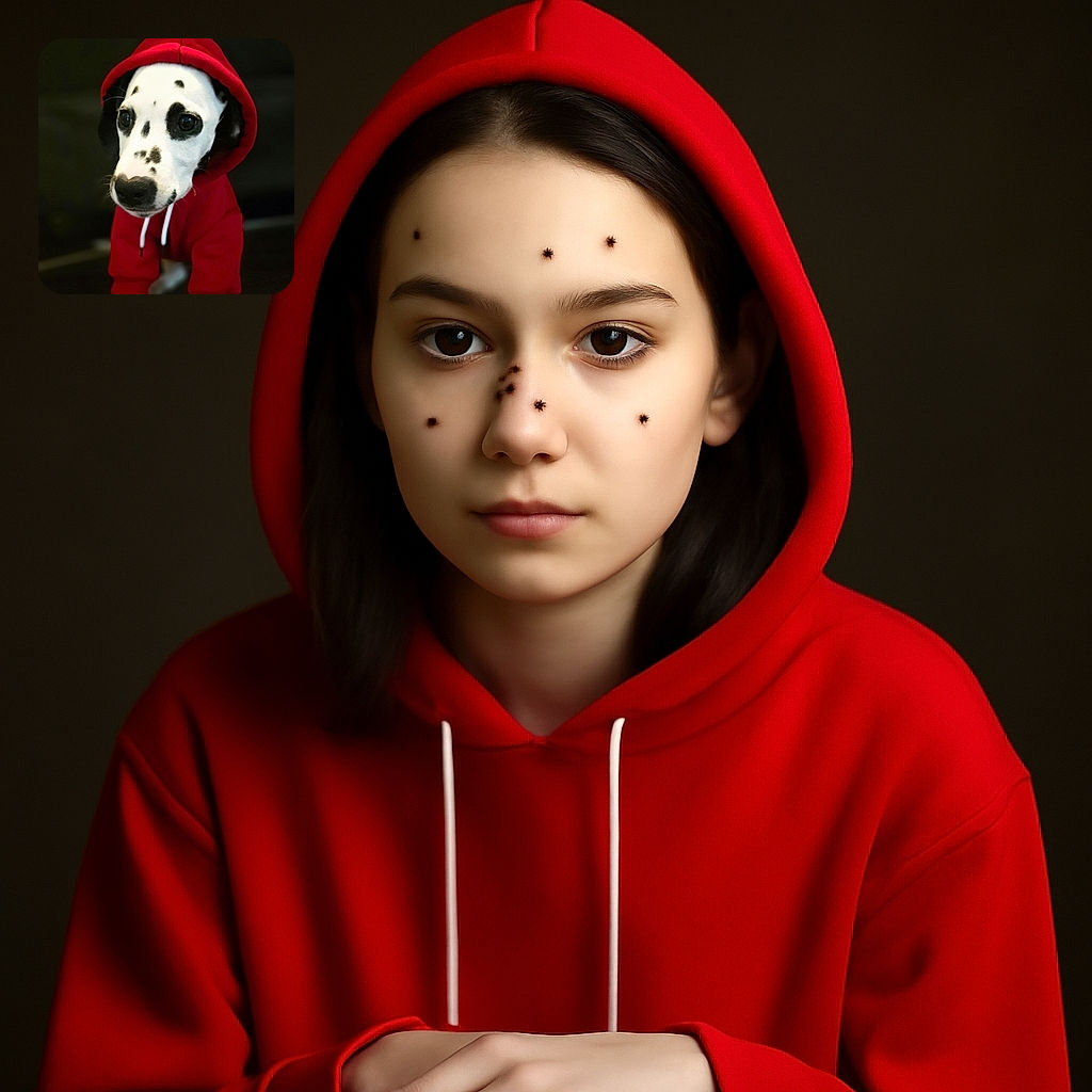 A charming Dalmatian puppy dressed in a bright red hoodie, looking curiously at the camera with big, soulful eyes against a dark, blurred background.