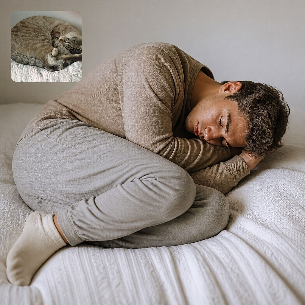 Two cozy cats are curled into an impressive synchronized nap on a quilted bed, as if practicing for the feline Olympics of maximum comfort. One appears to be using the other as a furry pillow while their paws and tails create a wonderfully tangled cuddle sculpture.