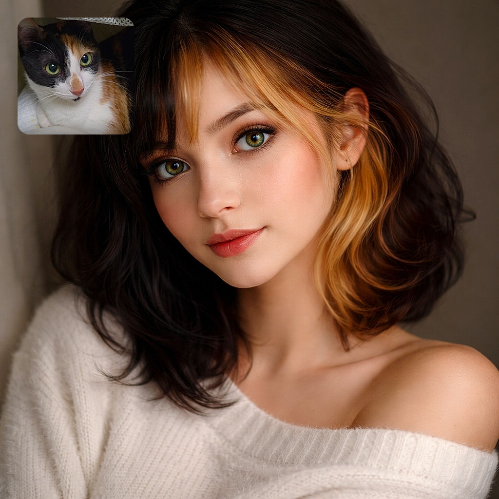 A wide‑eyed calico cat peeks out from under a lacy curtain, nestled on a rumpled blanket like it owns the place. Big green eyes, twitchy whiskers and a pink nose steal the show while phone UI elements frame the scene — the cat's expression says 'you woke me for this?'