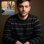 A curious grey tabby cat with striking green eyes is perched atop a gray leather couch backrest, staring intently ahead. The cozy living room background includes a wooden cabinet adorned with candles and framed photos, a closed door, and a teal cushion on the side. The warm indoor lighting highlights the cat's soft fur and attentive posture.
