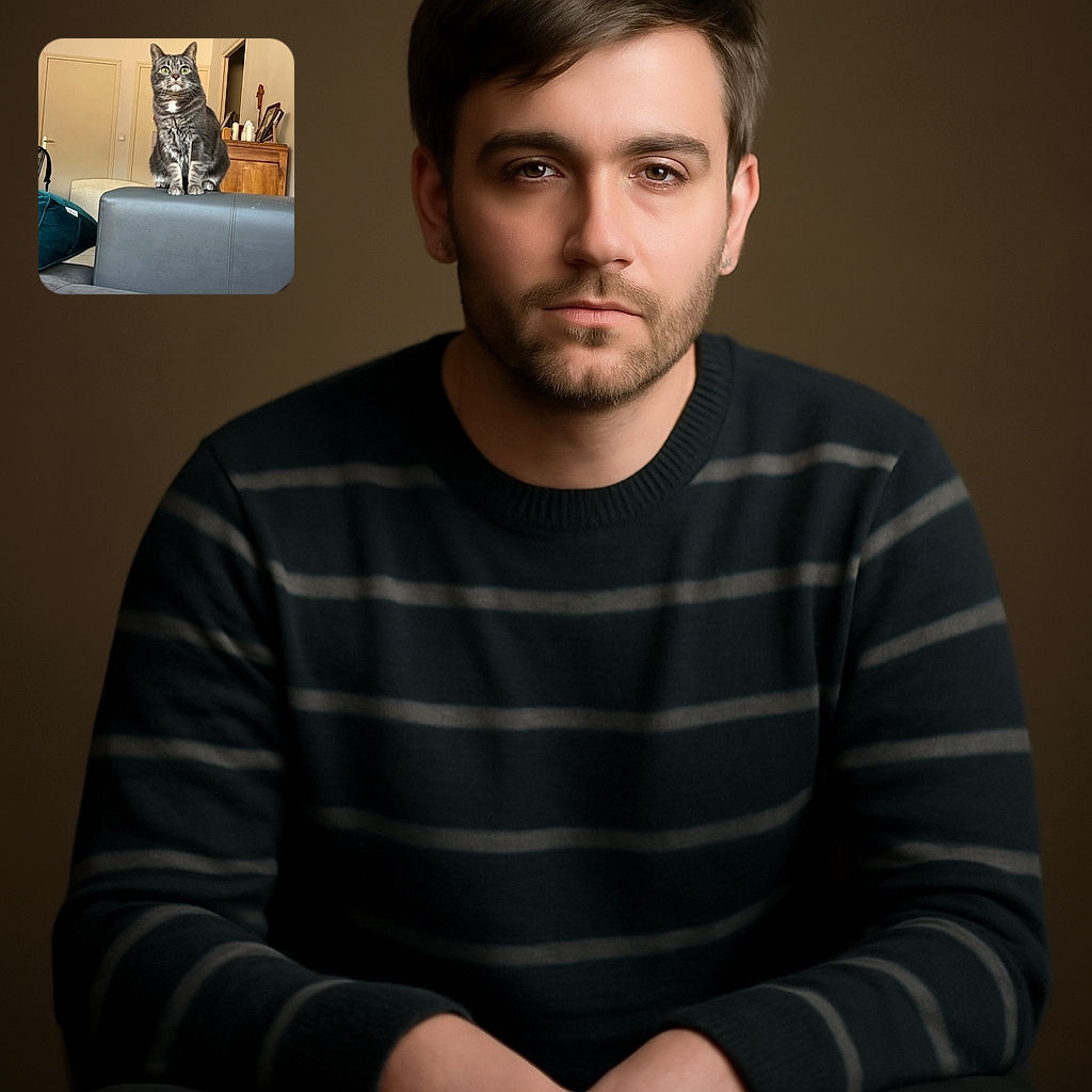 A curious grey tabby cat with striking green eyes is perched atop a gray leather couch backrest, staring intently ahead. The cozy living room background includes a wooden cabinet adorned with candles and framed photos, a closed door, and a teal cushion on the side. The warm indoor lighting highlights the cat's soft fur and attentive posture.