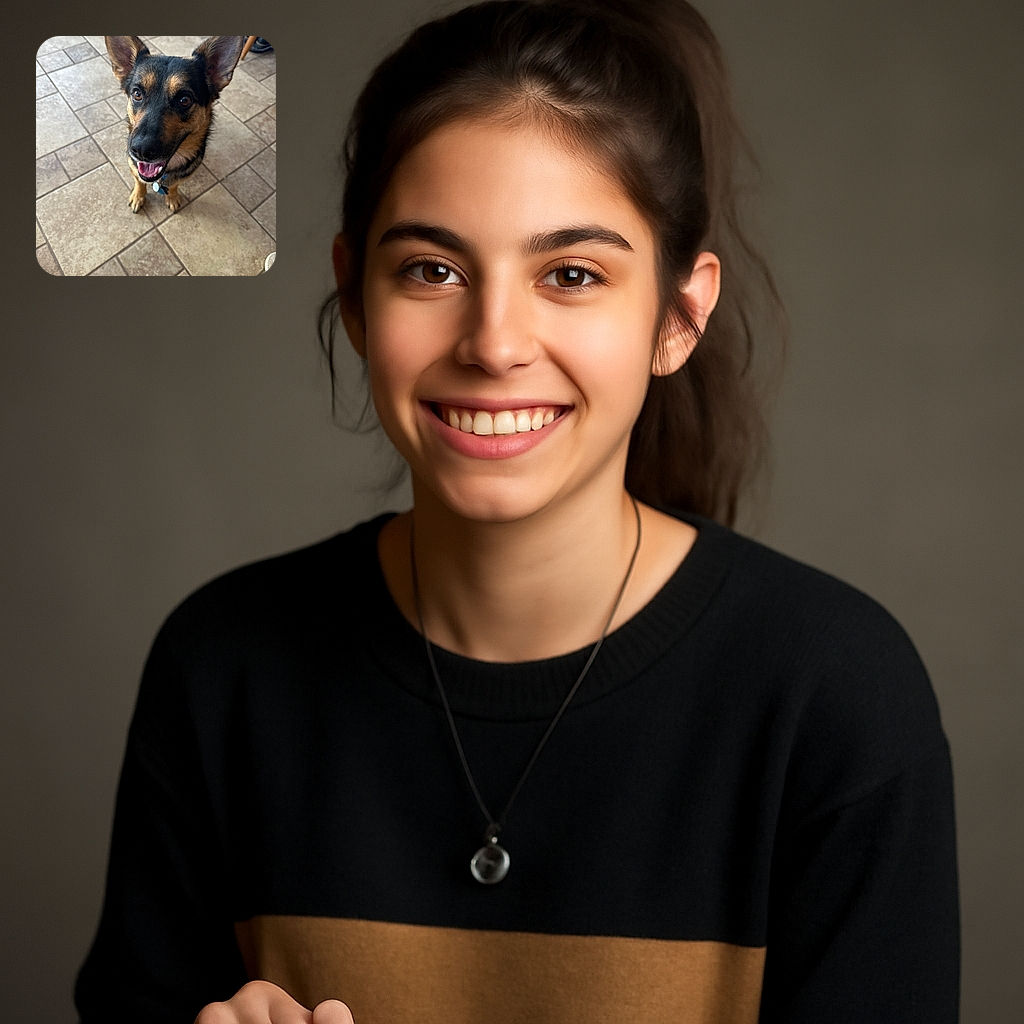A happy German Shepherd dog looks up eagerly with bright eyes and a big smile, standing on a tiled floor with a cozy indoor setting in the background.