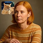 A majestic ginger cat lounges on a concrete surface, basking in the warm sunlight with a calm and focused gaze. The background is softly blurred, featuring a couple of parked cars and a green trash bin, giving a cozy urban vibe to this feline portrait.